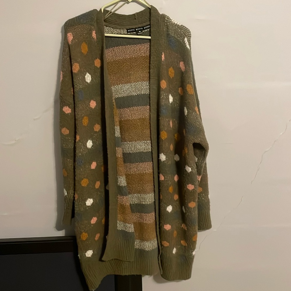 Green Cardigan with Mixed Color Polka Dots